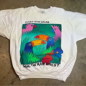 VTG 90s Parrot Bird Big Graphic Art Nature Animal T Shirt XL Boxy Ringer White